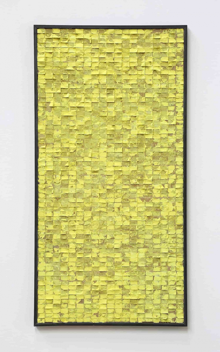 „o. T.“, gelber Kreideabriss, 192 x 95 cm, 2018